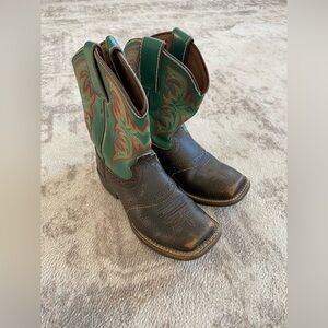 Justin Kids Youth Square Toe Boots Stampede 7201JR Brown and Green Leather 10 D